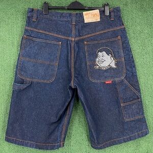 Vintage Y2K Fubu Fat Albert Embroidered Dark Denim Jean Shorts Jorts Mens SZ 38